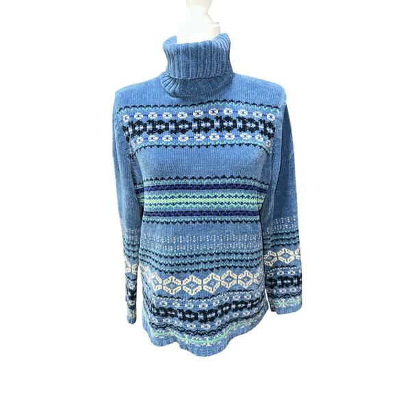 Designer Originals Sweater Turtleneck Chenile Blue Stripe L Winter Holiday - Picture 1 of 8